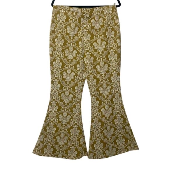 CATO women's M P gold yellow/ivory tapestry high rise flare pull on pants EUC - Picture 1 of 4